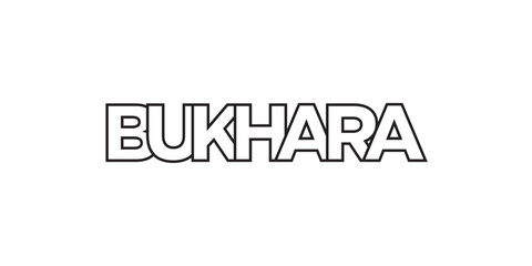 Bukhara in the Uzbekistan emblem. The design features a geometric style, vector illustration with bold typography in a modern font. The graphic slogan lettering.
