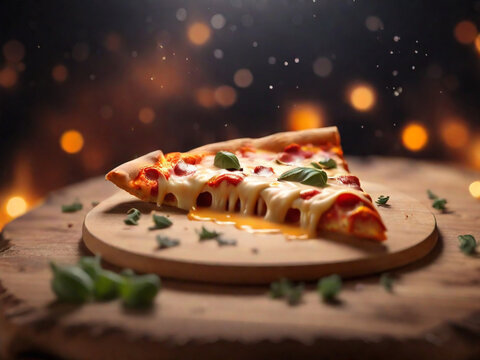 Delicious floating in the air cinematic pizza cheese on cozy blurred background