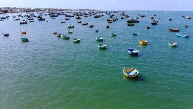 Coracle boats. beach of Da Nang Vietnam. Drone