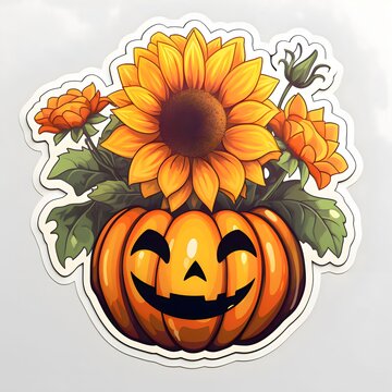 Jack-o-lantern pumpkin sticker with sunflowers, Halloween image on a bright isolated background.