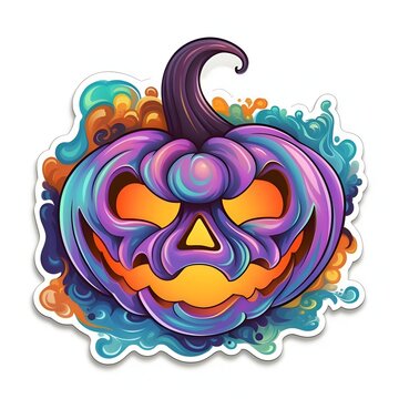 Sticker purple, evil, glowing pumpkin, Halloween image on a bright isolated background.