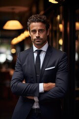 Man with a beard and mustache businessman in a stylish classic suit on the street.