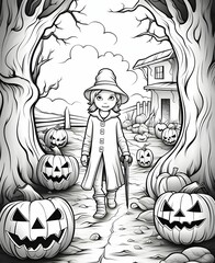 A boy walking with a cane, jack-o-lantern pumpkins, trees and an old house, Halloween black and white picture coloring book.