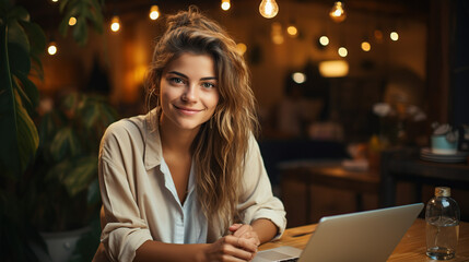 Freelancers work using their home computers. Attractive business woman studying online