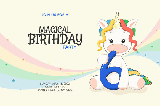 6 years old Magical kids birthday party invitation with cute rainbow unicorn