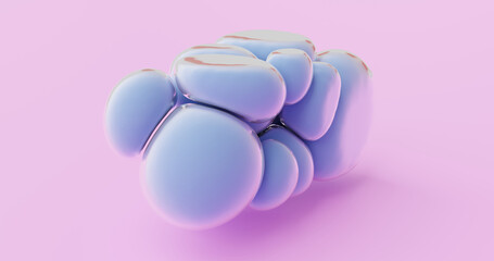 Cyan inflatable balloons, abstract illustration of flattened bubbles on pink background, 3d rendering