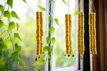 bamboo wind chimes hanging near a window