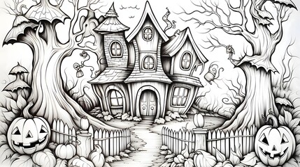 In the middle a castle surrounded by two trees, hurdles and jack-o-lantern pumpkins , Halloween black and white picture coloring book.