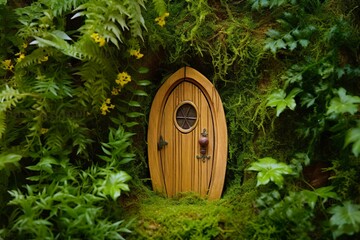 Little magic wooden fairy doors and plants leave on a mossy natural green background.