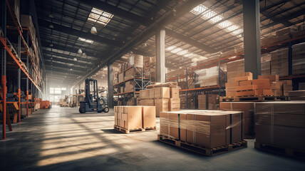 Big warehouse storage with many cardboard boxes piled on the shelves