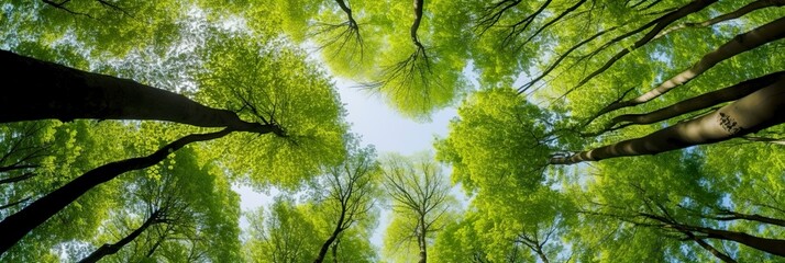 Looking up at the green tops of trees.