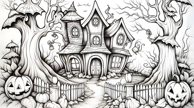 In the middle a castle surrounded by two trees, hurdles and jack-o-lantern pumpkins , Halloween black and white picture coloring book.