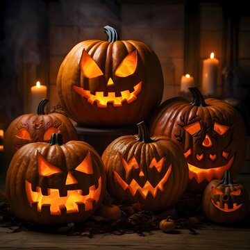 Six elegantly arranged glowing jack-o-lantern pumpkins, two candles in the background, smoke, dark room, a Halloween image.