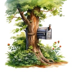 Watercolor mailbox in a tree on a white background.