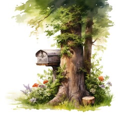 Watercolor mailbox in a tree on a white background.