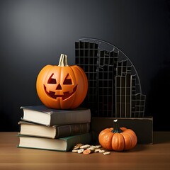 Jack-o-lantern pumpkin on a table on three books, a Halloween image.