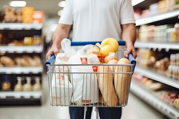 Man holding shopping basket with bread and milk groceries in supermarket.