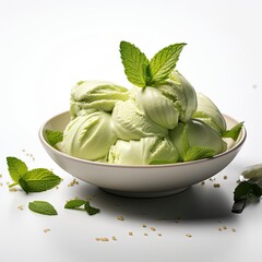 Matcha ice cream dessert on white background.