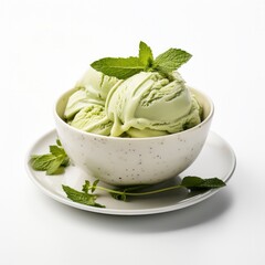 Matcha ice cream dessert on white background.