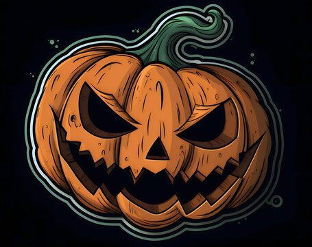 Giant jack-o-lantern pumpkin sticker, a Halloween image on a black isolated background.