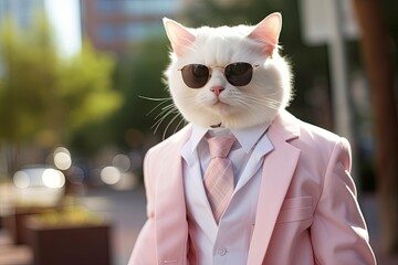 A cat is wearing sunglasses, suit and standing on street.