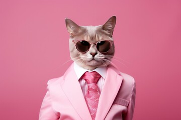 A cat is wearing sunglasses and suit on Pink Background.
