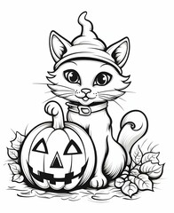 Cat and jack-o-lantern pumpkin, Halloween black and white picture coloring book.