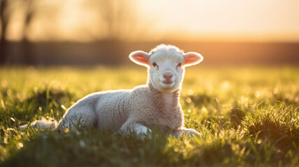 Obraz premium Fluffy white baby lamb on the meadow on sunny summer day. 