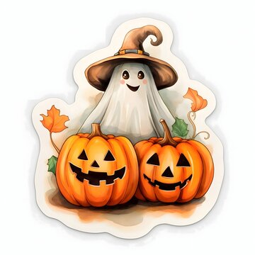 Sticker of jack-o-lantern pumpkin and a ghost in a hat, Halloween image on a white isolated background.