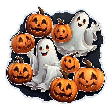 Large sticker two ghosts and seven jack-o-lantern pumpkins, Halloween image on a white isolated background.