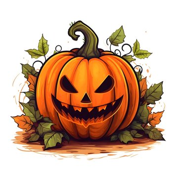 Sinister jack-o-lantern pumpkin, leaves all around., Halloween image on a white isolated background.