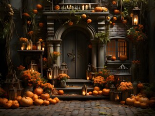 Richly, decorated with pumpkins and lanterns entrance to the house, a Halloween image.