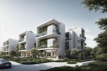 rendering of a modern apartment building with a parking lot