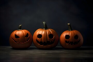 Three gouged jack-o-lantern pumpkins on a dark background, a Halloween image.