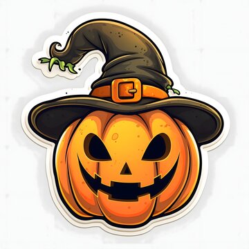 Sticker jack-o-lantern pumpkin with a witch hat, Halloween image on a white isolated background.