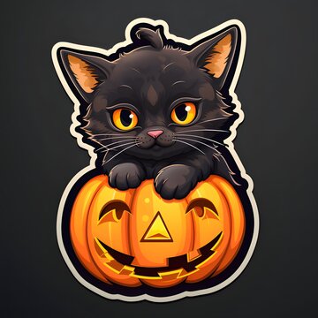 Black cat sticker with jack-o-lantern pumpkin, Halloween picture on a gray isolated background.