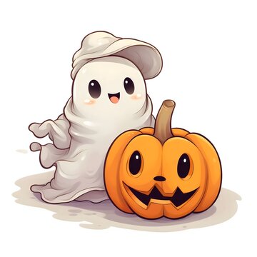 Smiling ghost with pumpkin, Halloween image on a white isolated background.