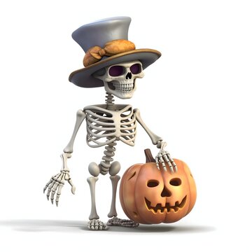 Skeleton in a hat holding jack-o-lantern pumpkins, Halloween image on a white isolated background.
