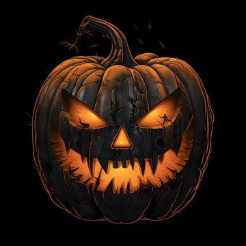 Big sinister pumpkin with glowing smile and eyes on black background, a Halloween image.