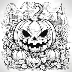 Dark angry jack-o-lantern pumpkin on the background of the castle, Halloween black and white picture coloring book.