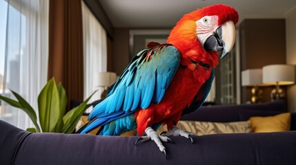 A beautiful feathered red macaw lives in a luxurious house.