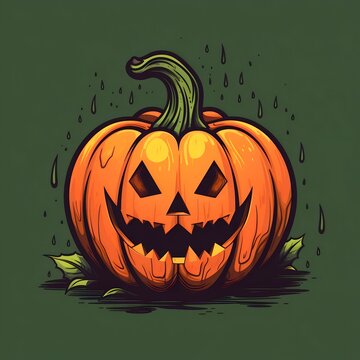 Logo Pumpkin With Teeth On Green Background, A Halloween Image.