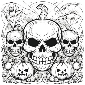 Human skulls and jack-o-lantern pumpkins, flying moths in the background, Halloween black and white picture coloring book.