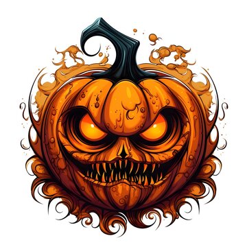Dark sinister hellish jack-o-lantern pumpkin, Halloween image on a white isolated background.