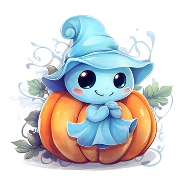 Small cute fairy blue ghost on pumpkin background, Halloween image on a white isolated background.