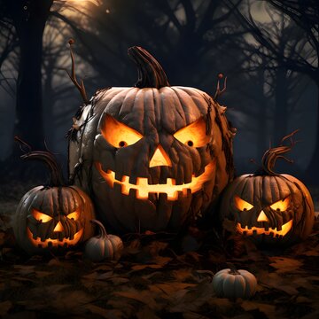 Dark three live glowing jack-o-lantern pumpkins in a dark forest, a Halloween image.
