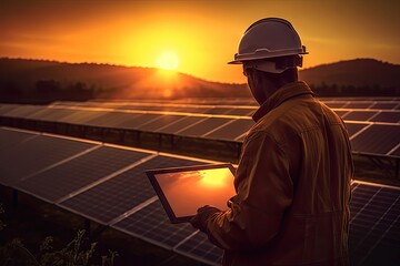 Energizing future. Solar power technician at work. Sustainable energy expert. Panel inspection. Innovations. Engineer ensuring efficiency. Renewable revolution