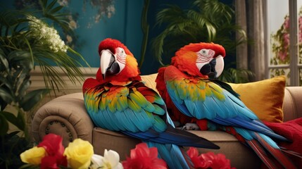 Two beautiful feathered macaws live in a luxurious house.