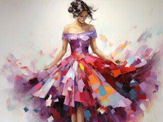 a painting of a woman in a dress, in the style of colorful composition