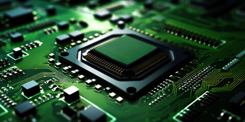 Obraz premium Heart of the Machine: Microprocessor in Green Glow. Motherboad electronics. Generative AI